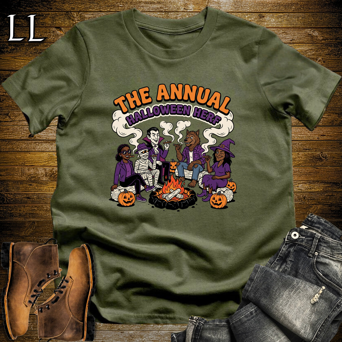 Annual Halloween Herf Monster Fire Pit Cigar T-Shirt Military Green | Halloween Cigar Herf Tee