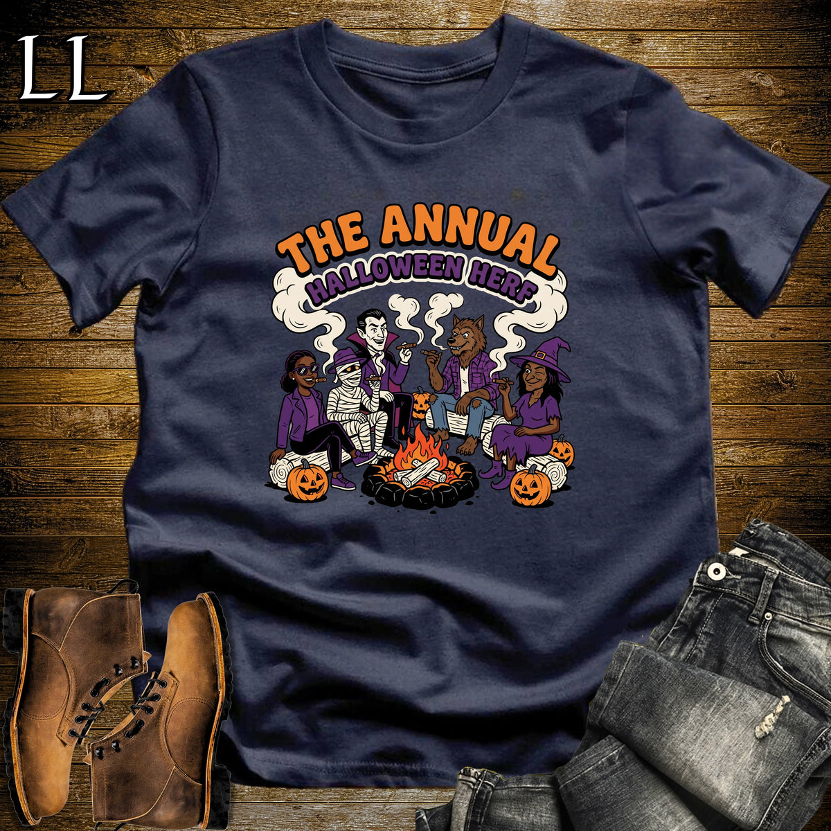 Annual Halloween Herf Monster Fire Pit Cigar T-Shirt Navy | Halloween Cigar Herf Tee