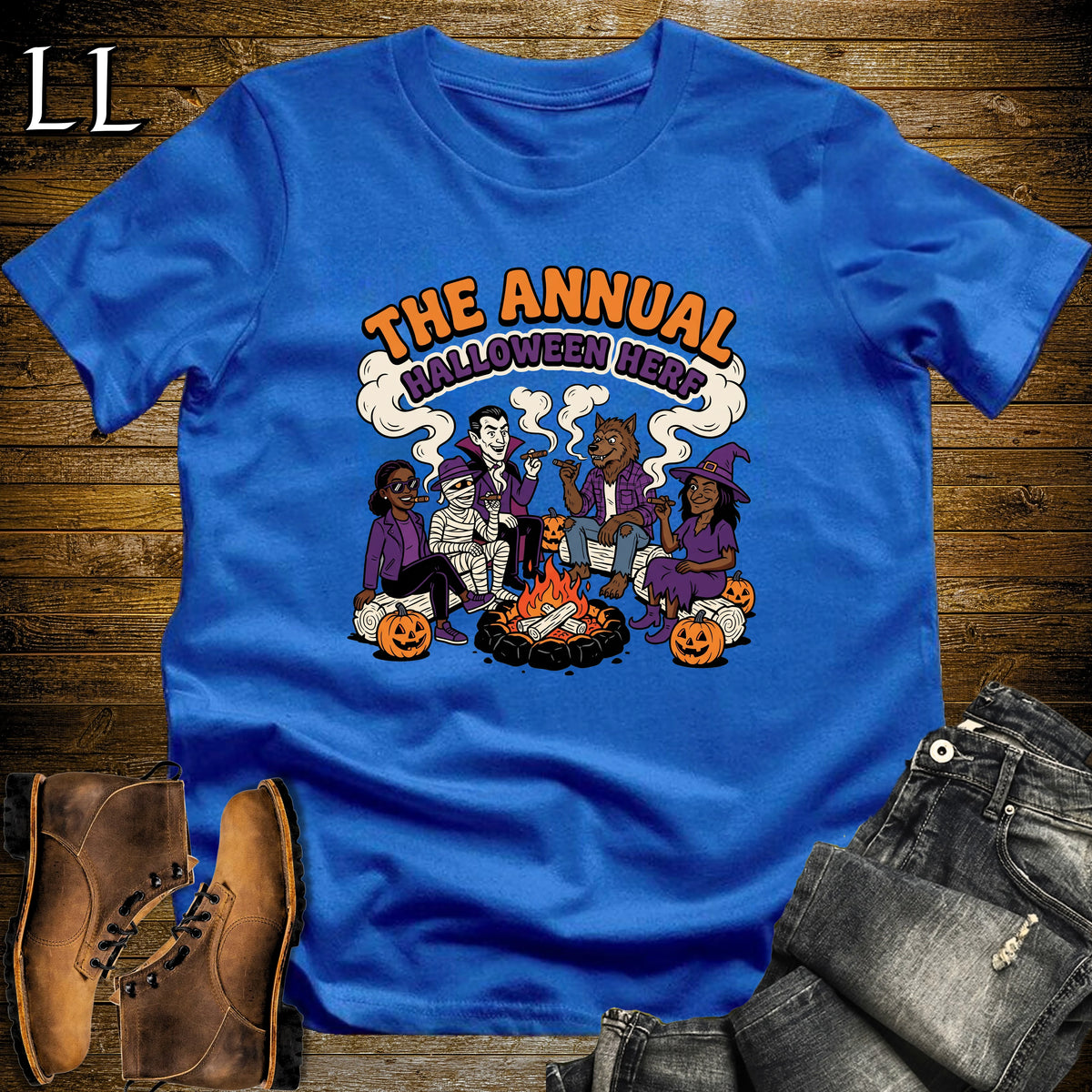 Annual Halloween Herf Monster Fire Pit Cigar T-Shirt Royal | Halloween Cigar Herf Tee
