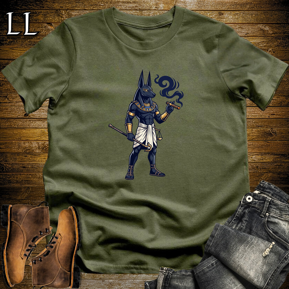 Anubis Egyptian God Cigar T-Shirt Military Green | Egyptian God Cigar Tee