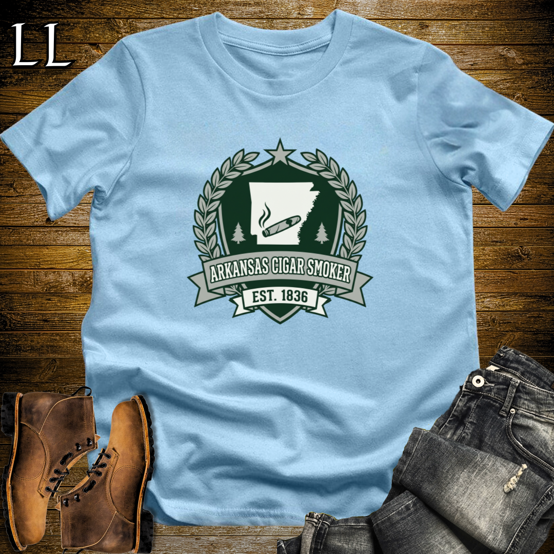 Arkansas Cigar Smoker Shield T-Shirt Light Blue | Cigar Crest Shirt