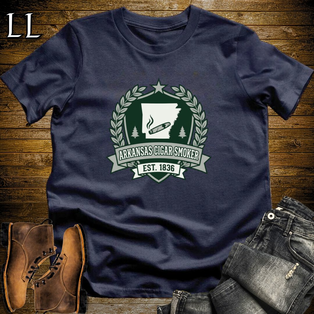 Arkansas Cigar Smoker Shield T-Shirt Navy | Cigar Crest Shirt