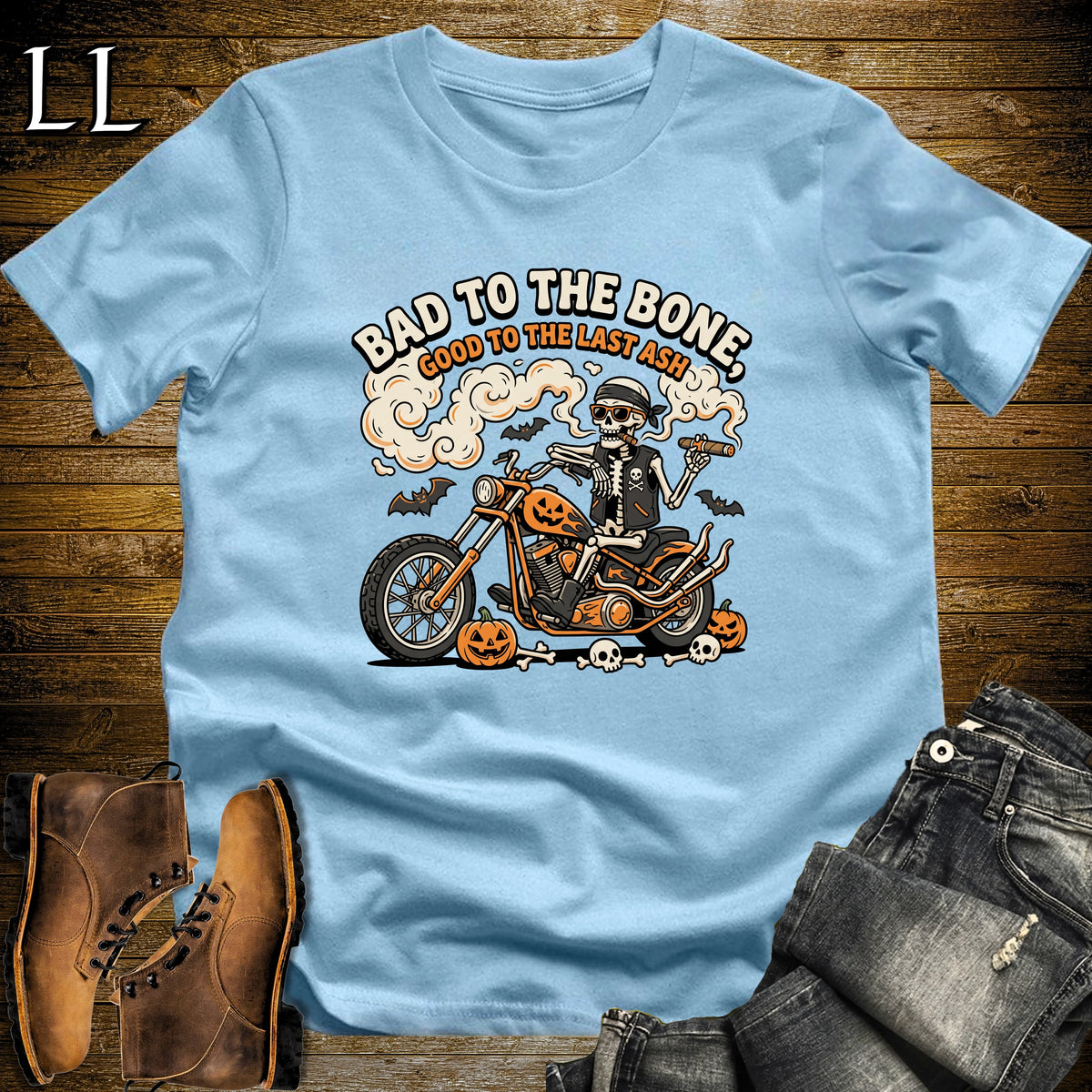 Bad to the Bone Skeleton Biker Chopper Cigar T-Shirt Light Blue | Skeleton Biker Cigar Shirt
