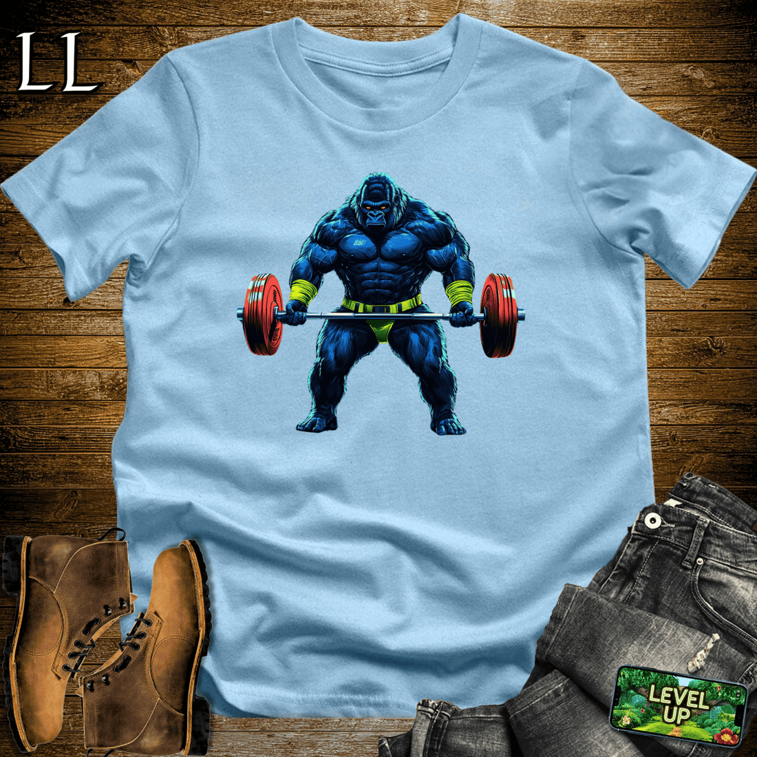 Barbell Curl Gorilla Softstyle Tee Light Blue | Fitness Gift Tee