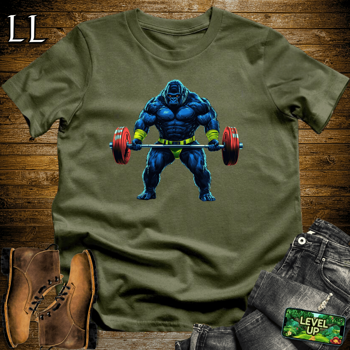 Barbell Curl Gorilla Softstyle Tee - Military Green - LegacyLayers