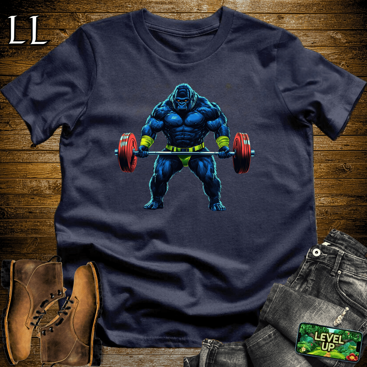 Barbell Curl Gorilla Softstyle Tee Navy | Fitness Gift Tee