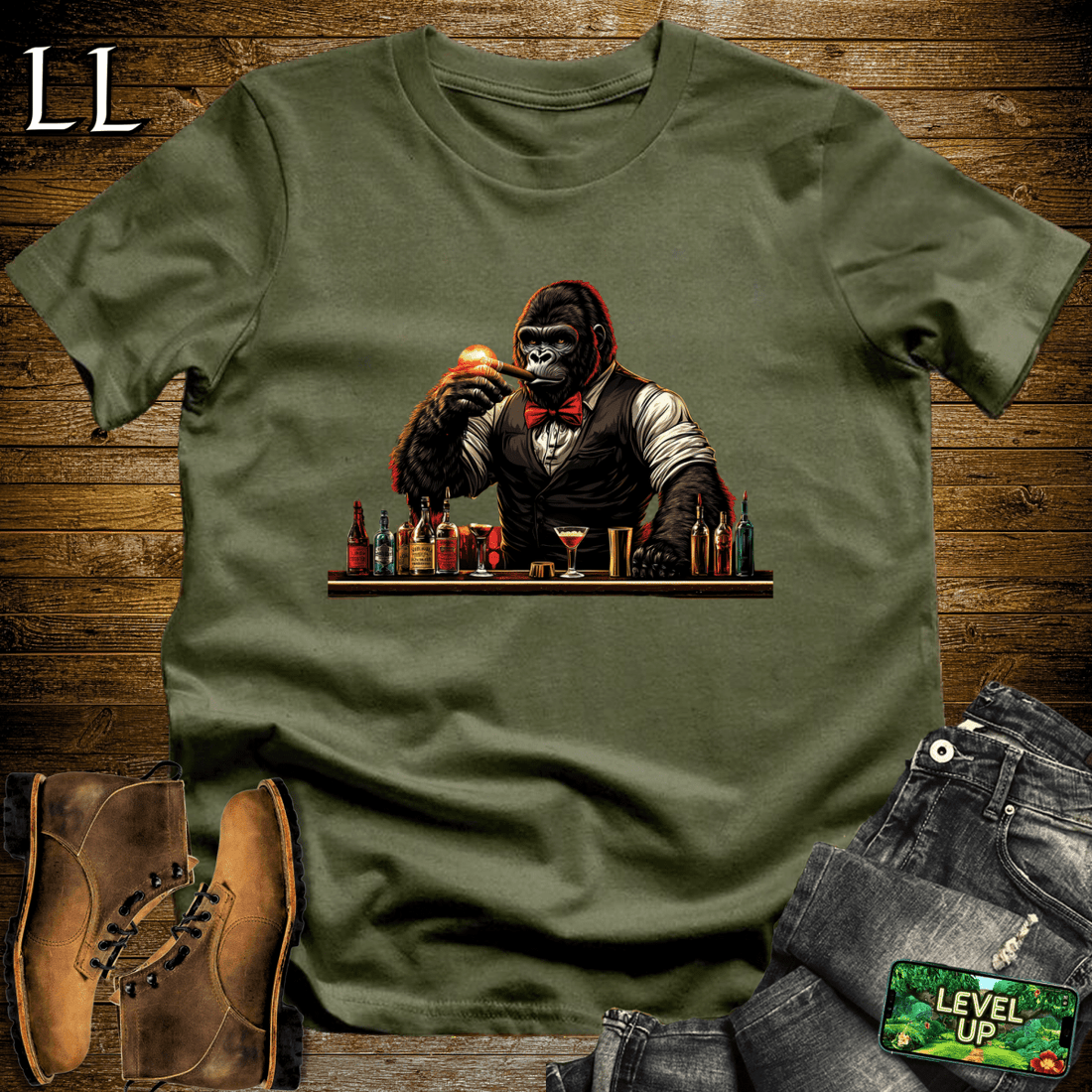 Bartender Gorilla Softstyle Tee Military Green | Cigar Lover Gift