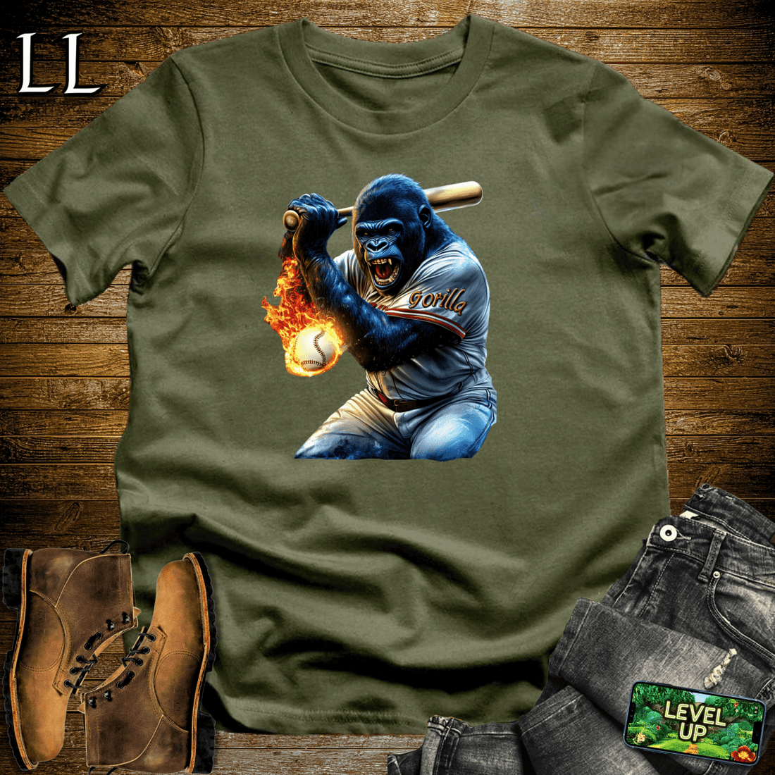 Baseball Gorilla Softstyle Tee Military Green | Sports Fan Gift
