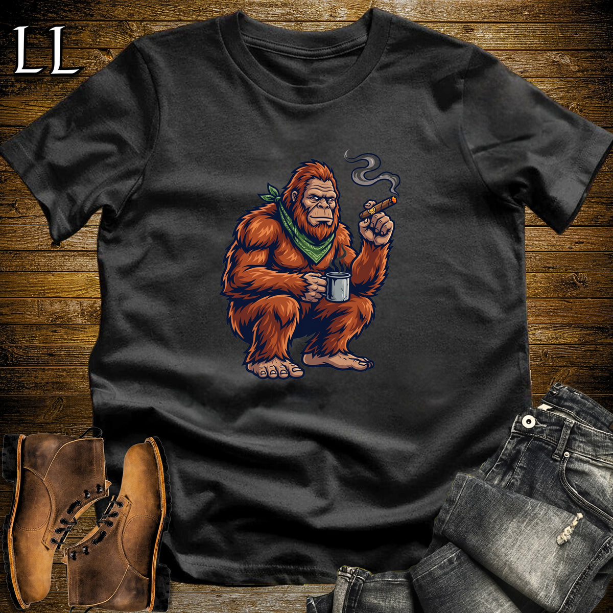 Bigfoot Campfire Cigar T-Shirt Black | Sasquatch Campfire Cigar Tee
