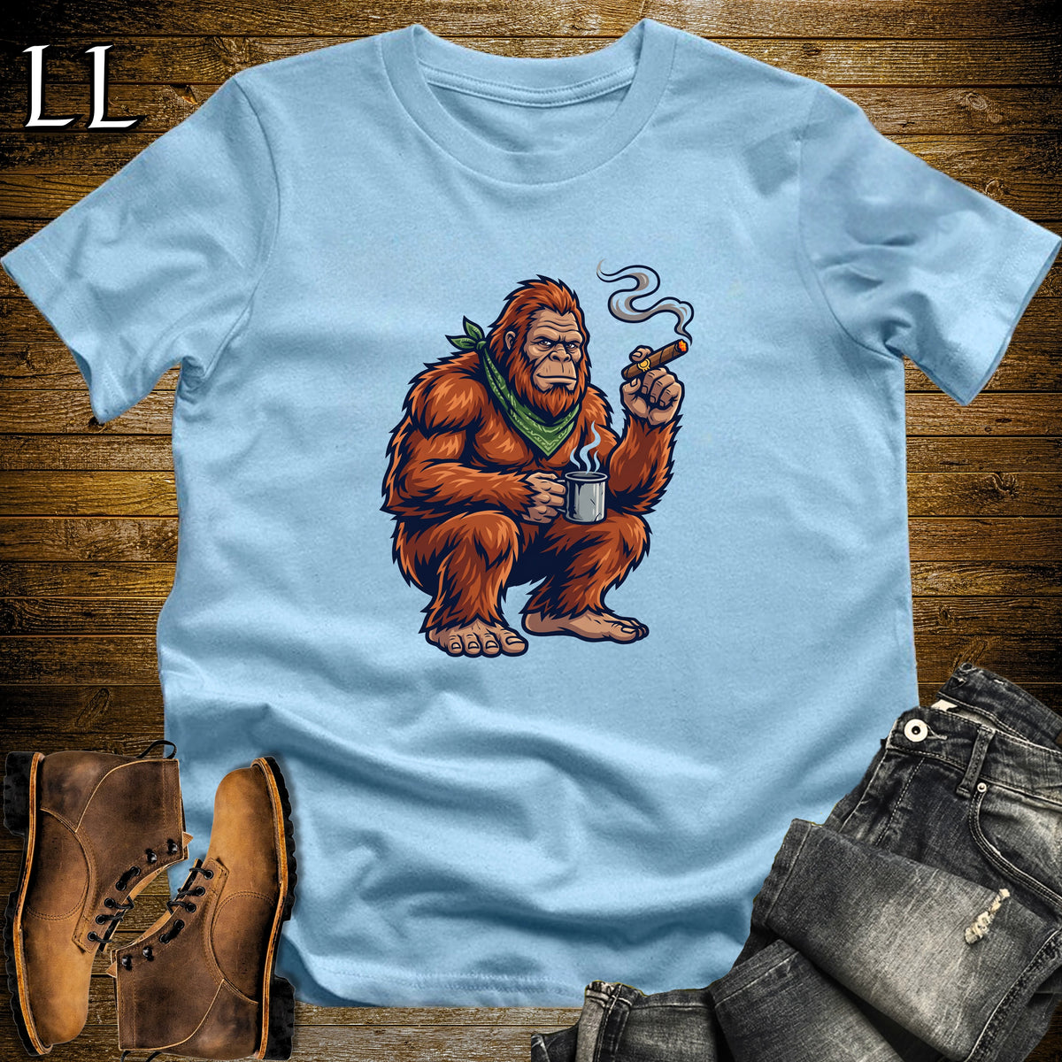 Bigfoot Campfire Cigar T-Shirt Light Blue | Sasquatch Campfire Cigar Tee