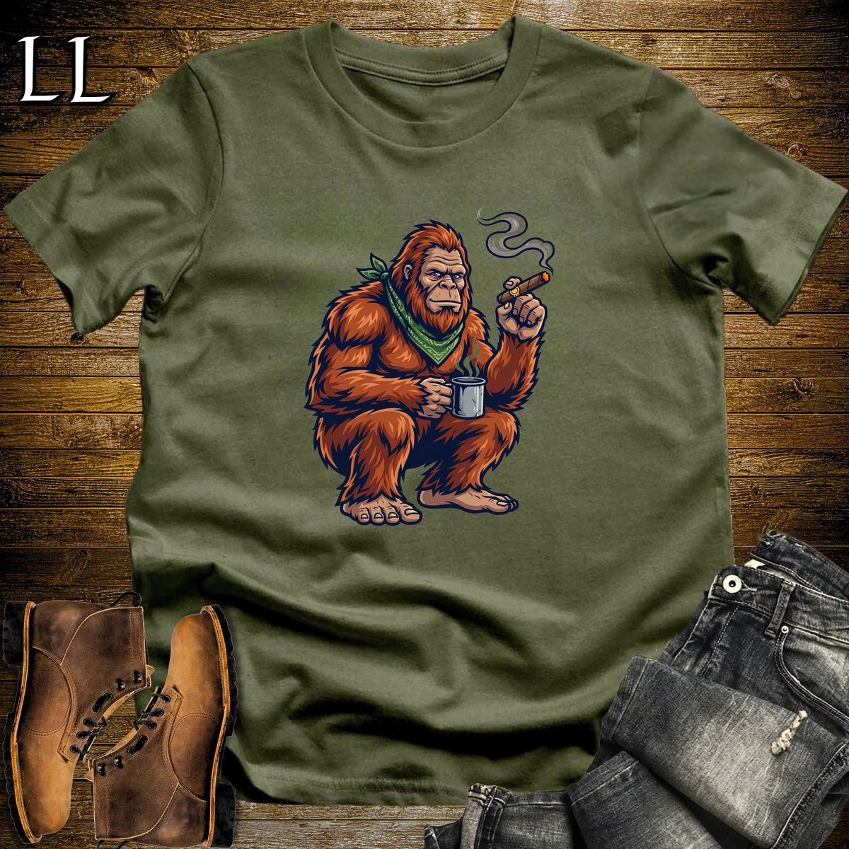 Bigfoot Campfire Cigar T-Shirt Military Green | Sasquatch Campfire Cigar Tee