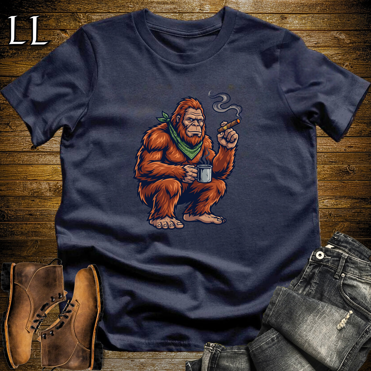 Bigfoot Campfire Cigar T-Shirt Navy | Sasquatch Campfire Cigar Tee