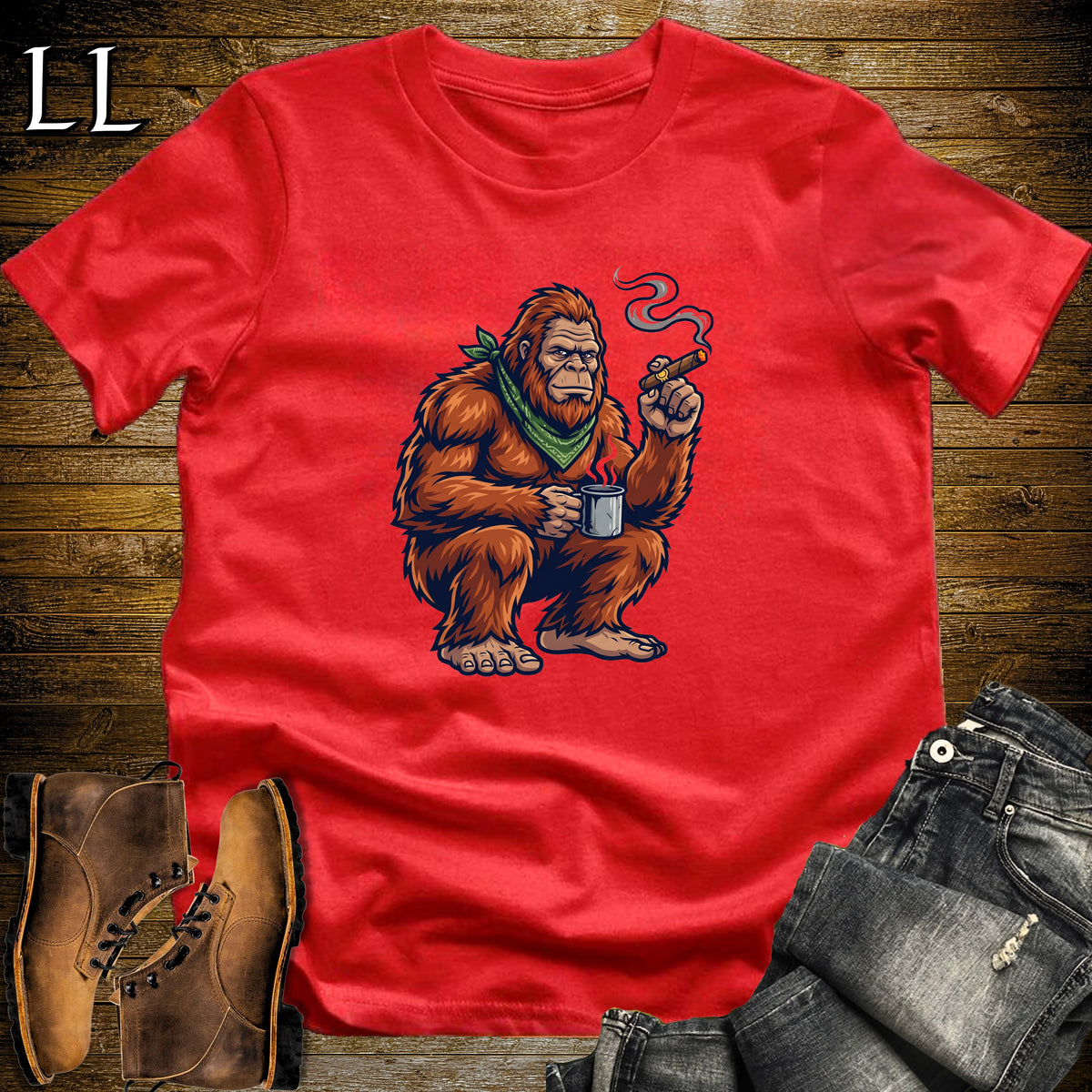 Bigfoot Campfire Cigar T-Shirt Red | Sasquatch Campfire Cigar Tee