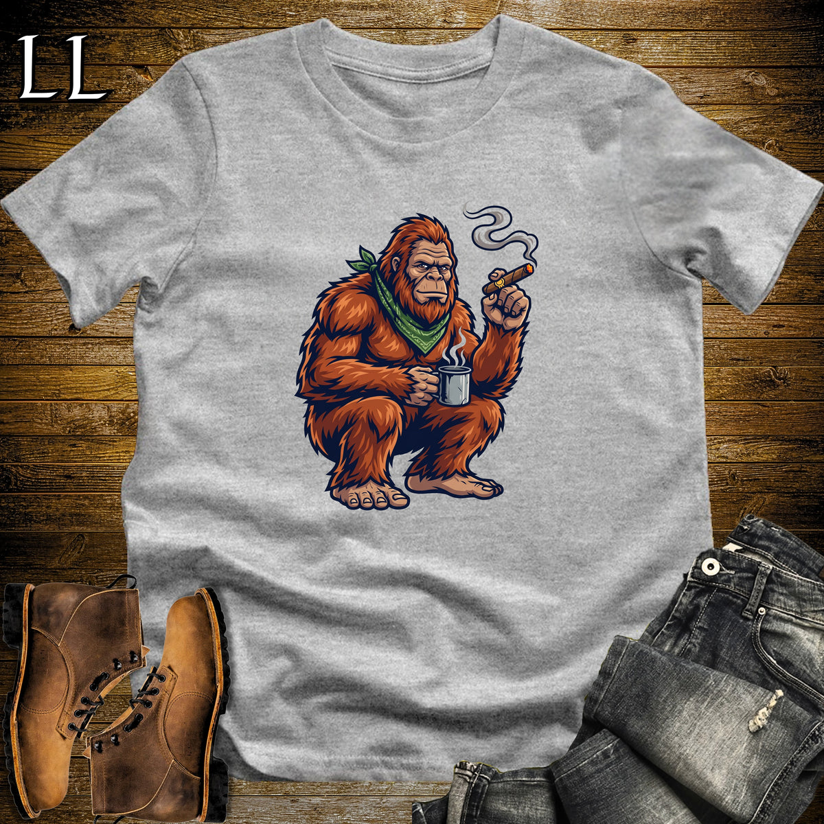 Bigfoot Campfire Cigar T-Shirt Sport Grey | Sasquatch Campfire Cigar Tee