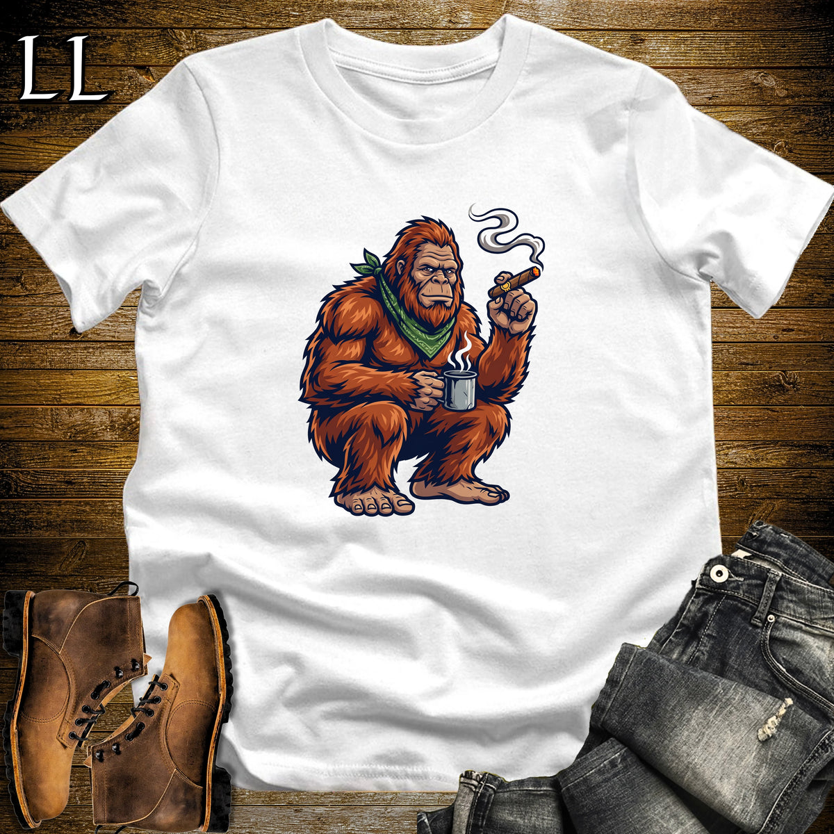 Bigfoot Campfire Cigar T-Shirt White | Sasquatch Campfire Cigar Tee
