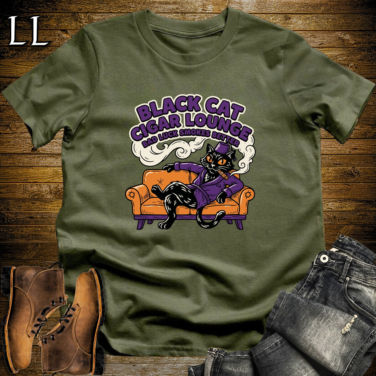 Black Cat Cigar Lounge Fez Smoking Jacket T-Shirt Military Green | Cigar Cat Shirt