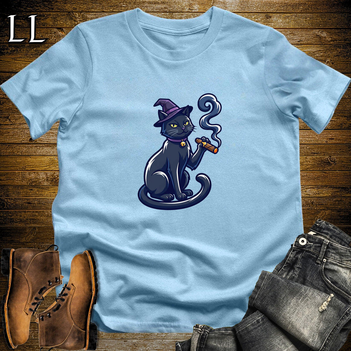 Black Cat Witch Hat Cigar T-Shirt Light Blue | Witch Hat Cat Cigar Tee