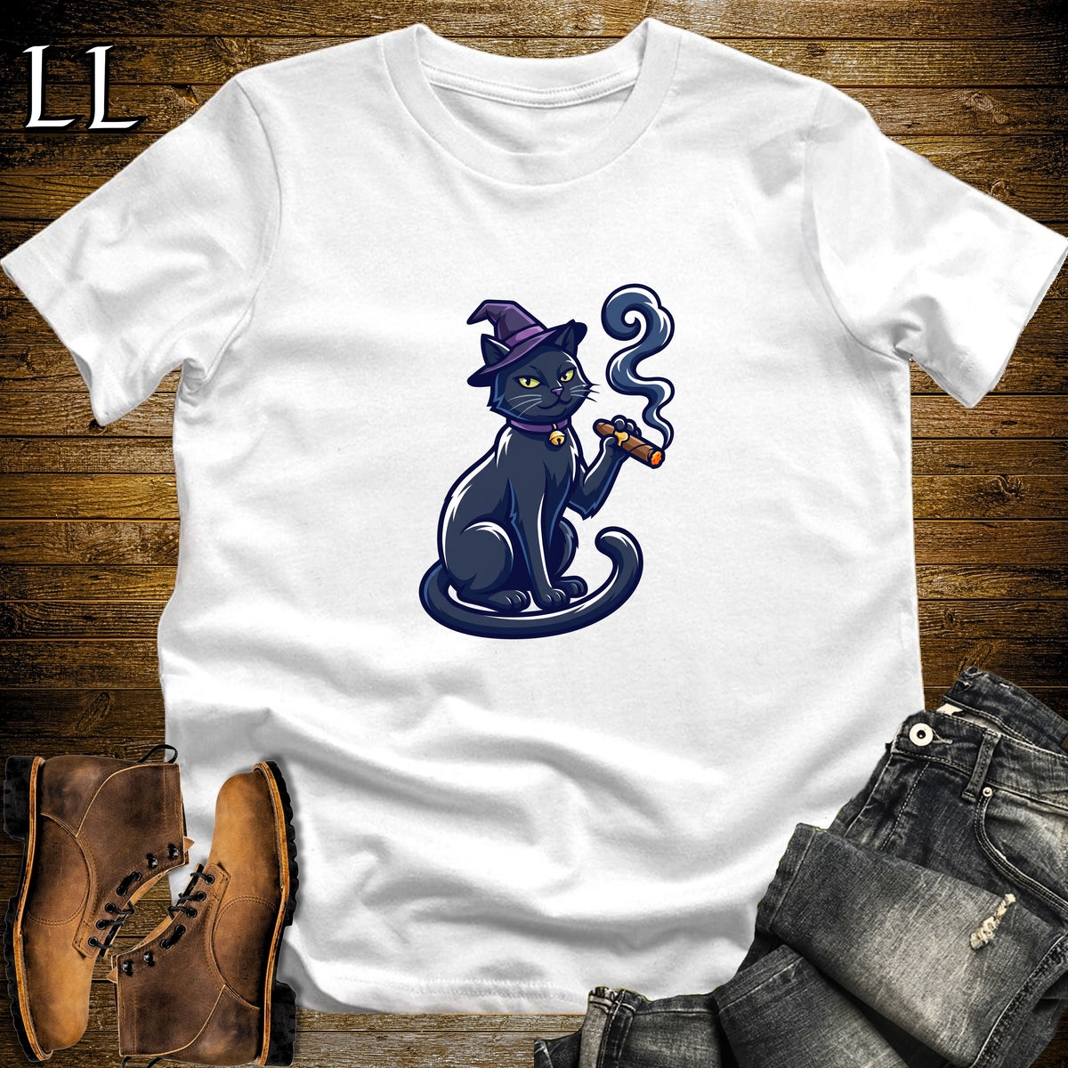 Black Cat Witch Hat Cigar T-Shirt White | Witch Hat Cat Cigar Tee
