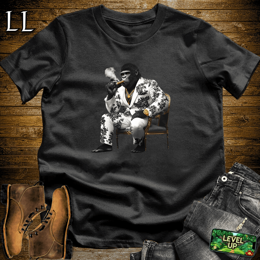 Gorilla in a black floral suit smoking a cigar graphic tee in Black — Black Flower Cigar Gorilla by Legacy Layers