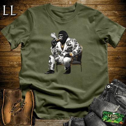 Gorilla in a black floral suit smoking a cigar graphic tee in Military Green — Black Flower Cigar Gorilla by Legacy Layers