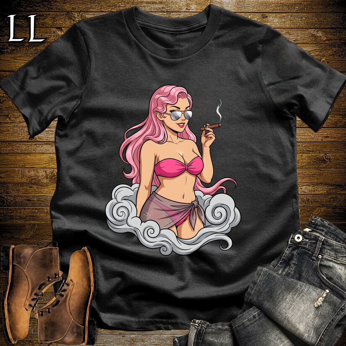 Rosa's Smoke Break Cigar Girl T-Shirt Black | Cigar Pin-Up Girl Tee