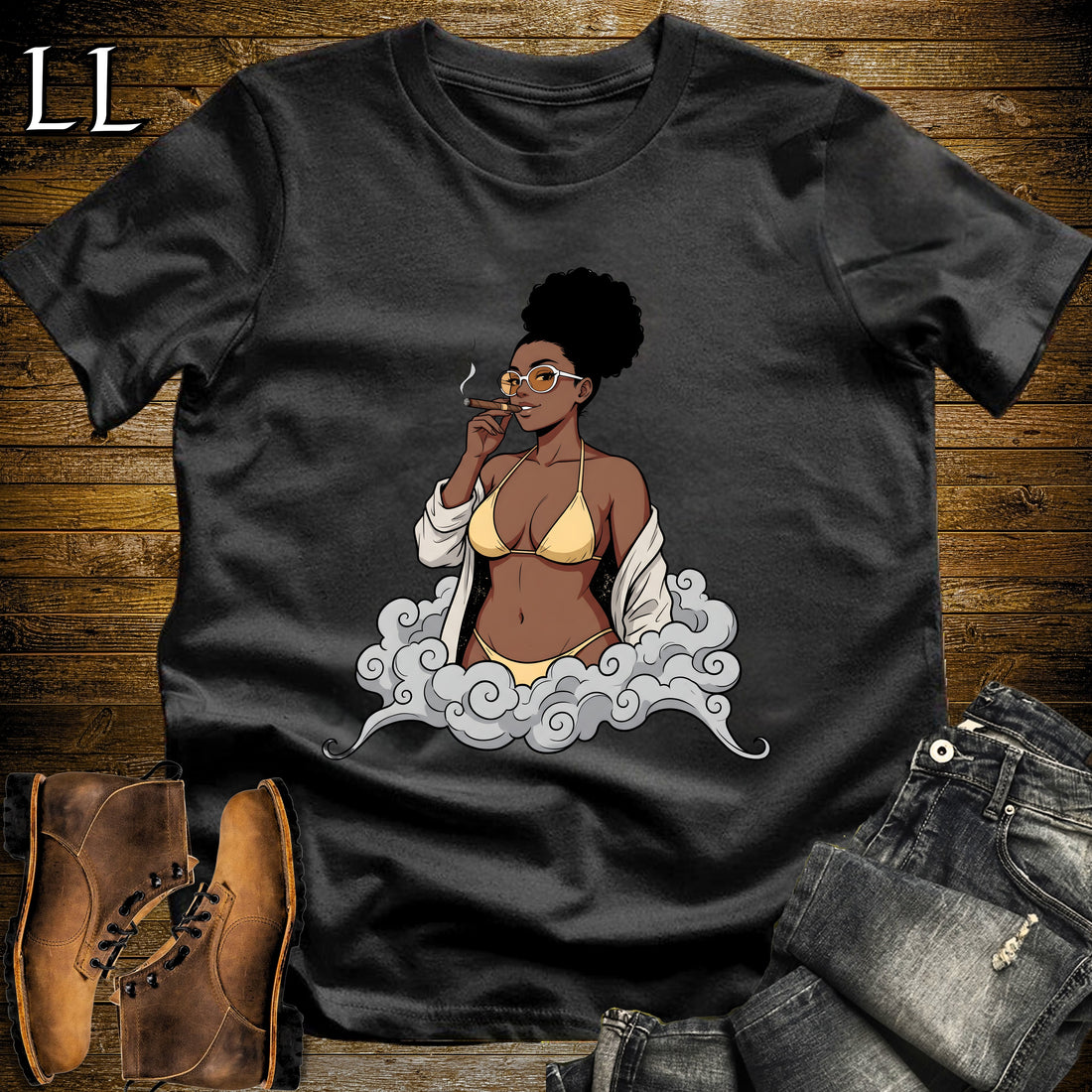 Solana's Smoke Break Cigar Girl T-Shirt Black | Cigar Pin-Up Girl Tee