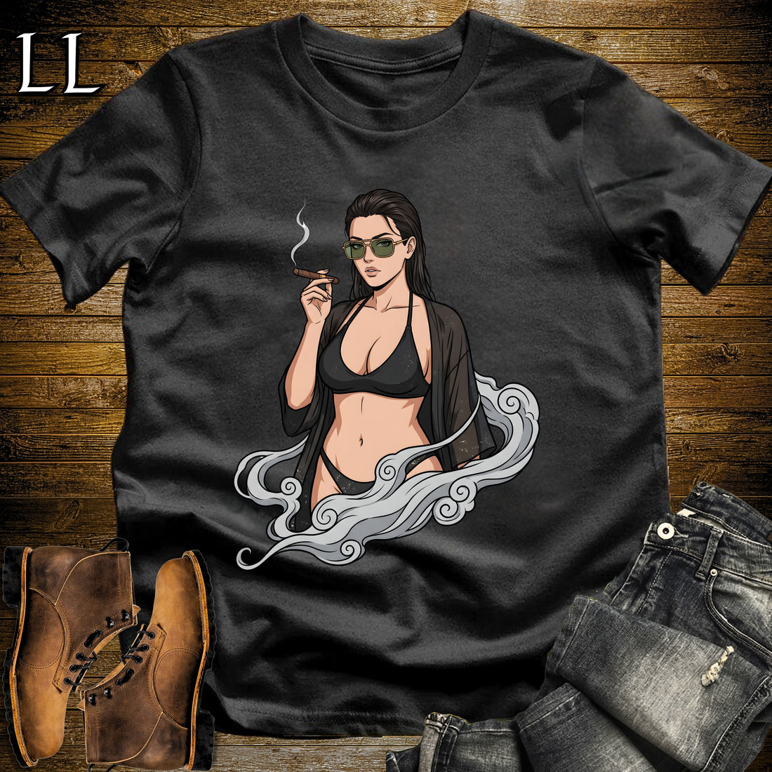 Oscura's Smoke Break Cigar Girl T-Shirt Black | Cigar Pin-Up Girl Tee