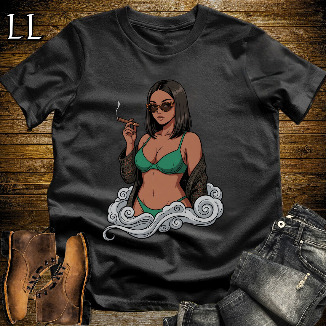 Esmeralda's Smoke Break Cigar Girl T-Shirt Black | Cigar Pin-Up Girl Tee