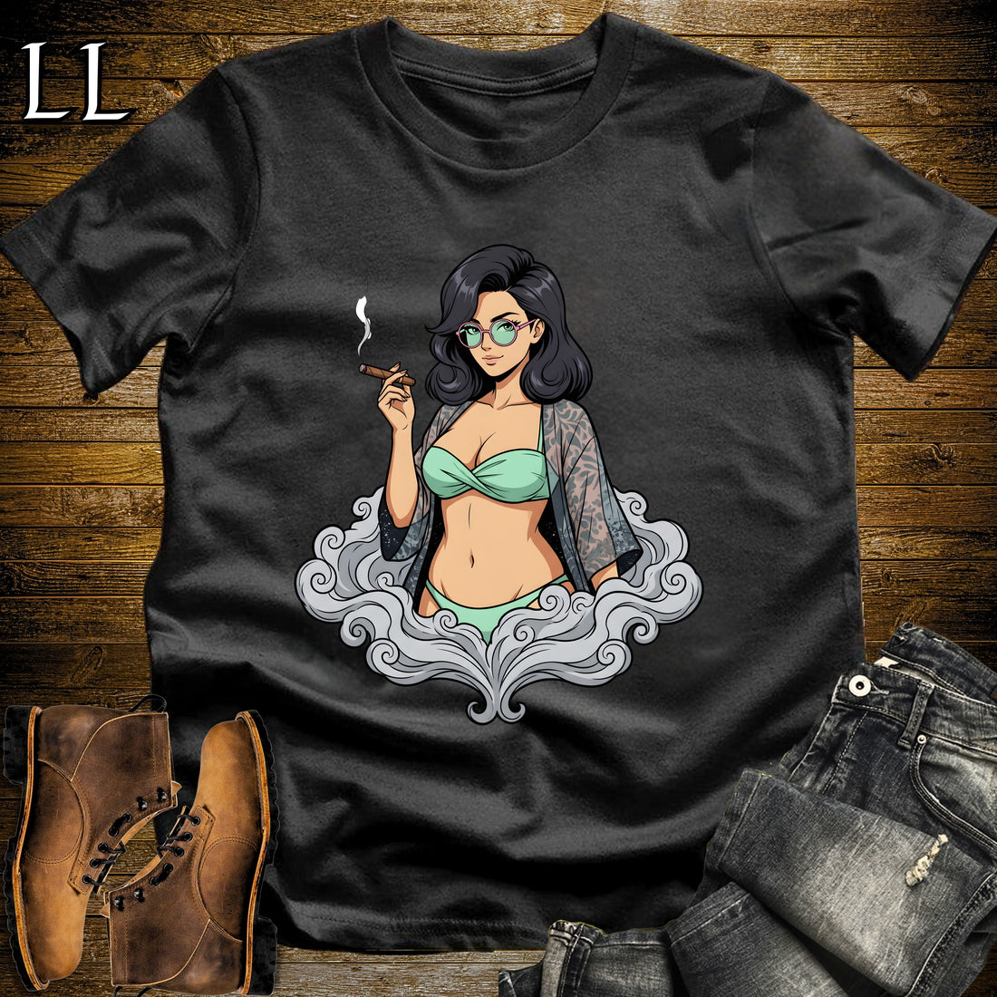 Candela's Smoke Break Cigar Girl T-Shirt Black | Cigar Pin-Up Girl Tee