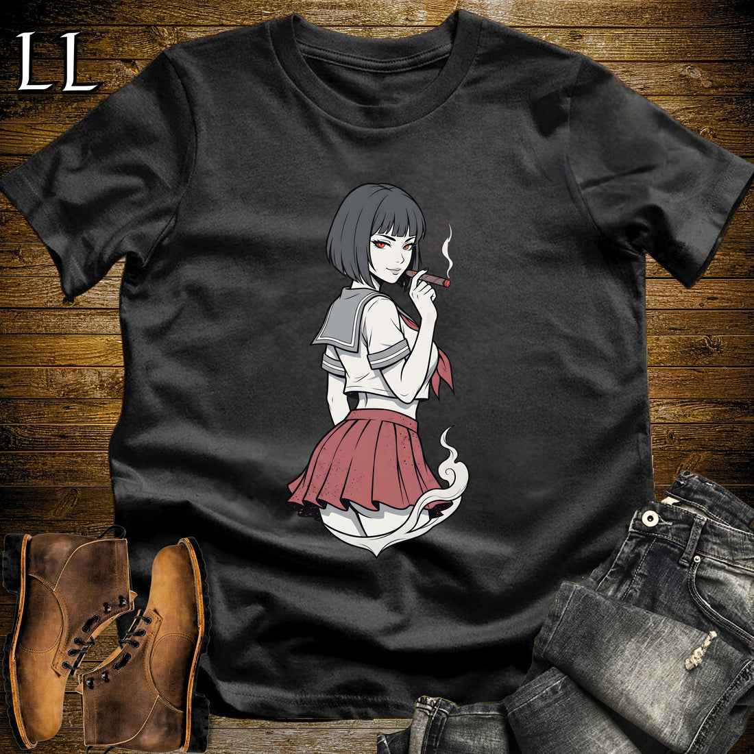 Sakura's Smoke Break Cigar Girl T-Shirt Black | Cigar Pin-Up Girl Tee