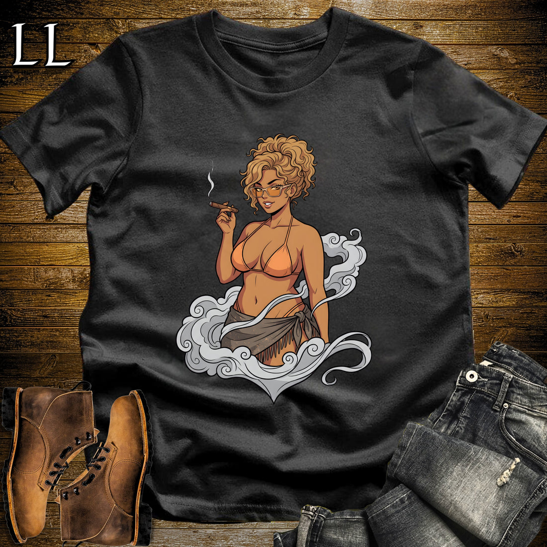 Aurelia's Smoke Break Cigar Girl T-Shirt Black | Cigar Pin-Up Girl Tee