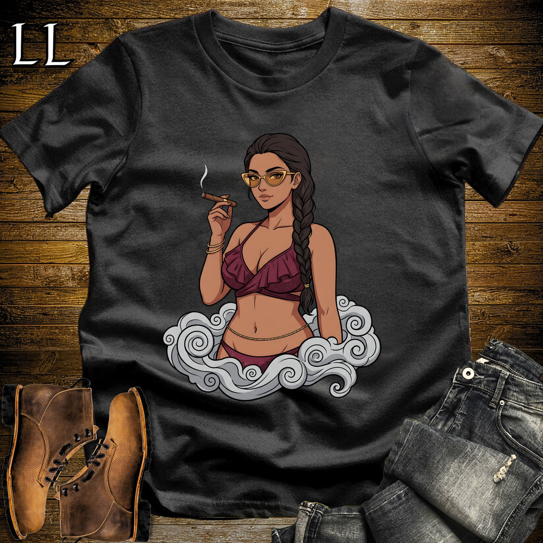 Reina's Smoke Break Cigar Girl T-Shirt Black | Cigar Pin-Up Girl Tee