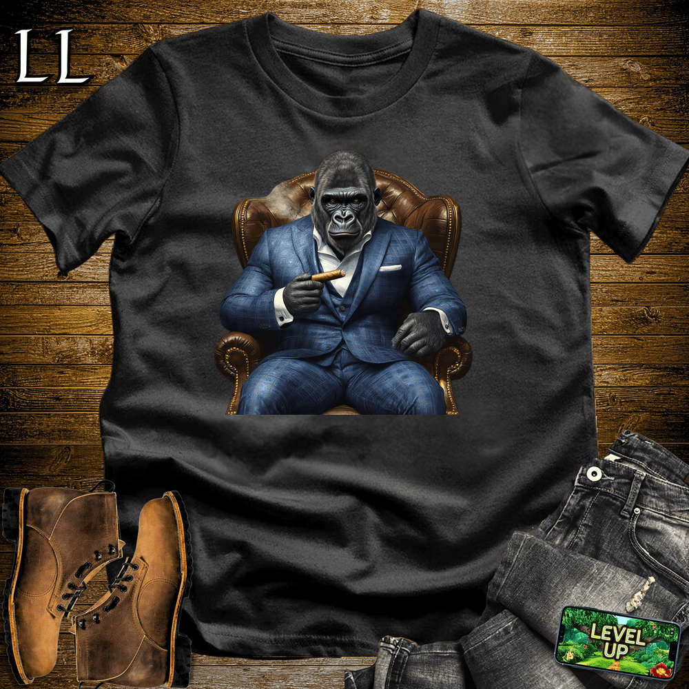 Gorilla in a blue checker suit smoking a cigar graphic tee in Black — by Legacy Layers