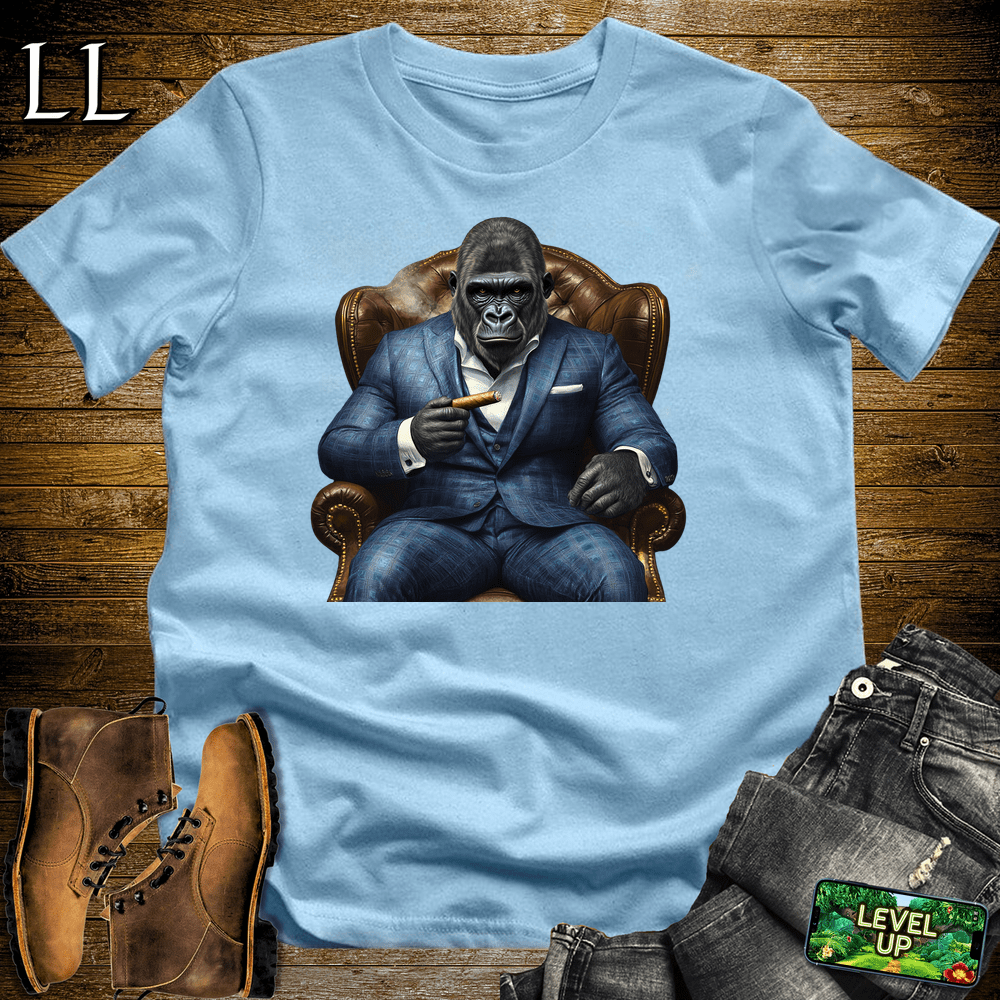 Gorilla in a blue checker suit smoking a cigar graphic tee in Light Blue — by Legacy Layers