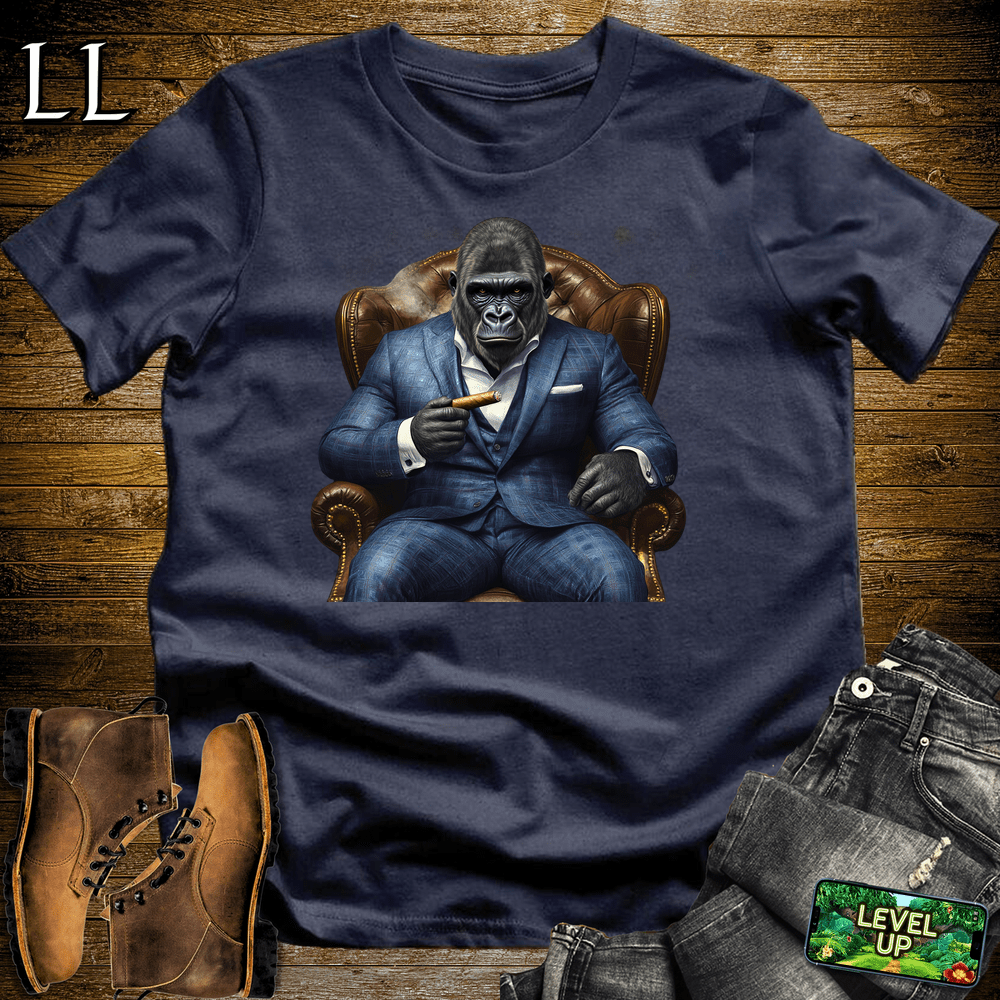 Gorilla in a blue checker suit smoking a cigar graphic tee in Navy — by Legacy Layers