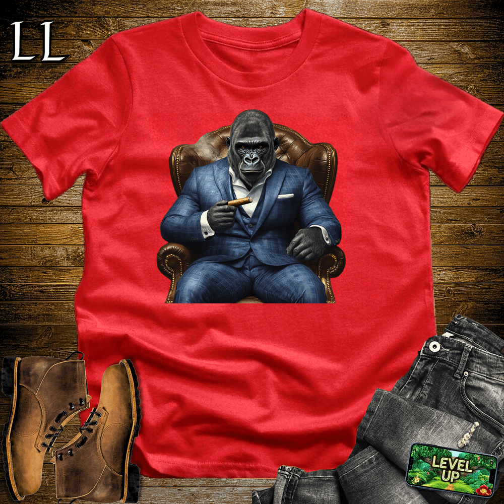 Gorilla in a blue checker suit smoking a cigar graphic tee in Red — by Legacy Layers