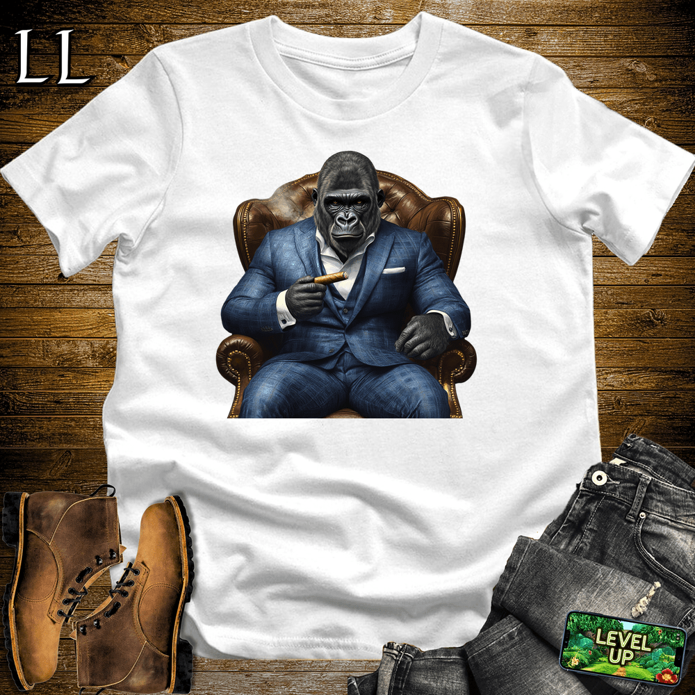 Gorilla in a blue checker suit smoking a cigar graphic tee in White — by Legacy Layers