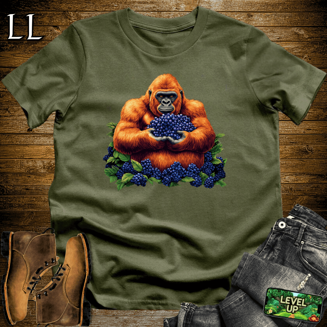 Blueberry Gorilla Softstyle Tee Military Green | Food Lover Tee