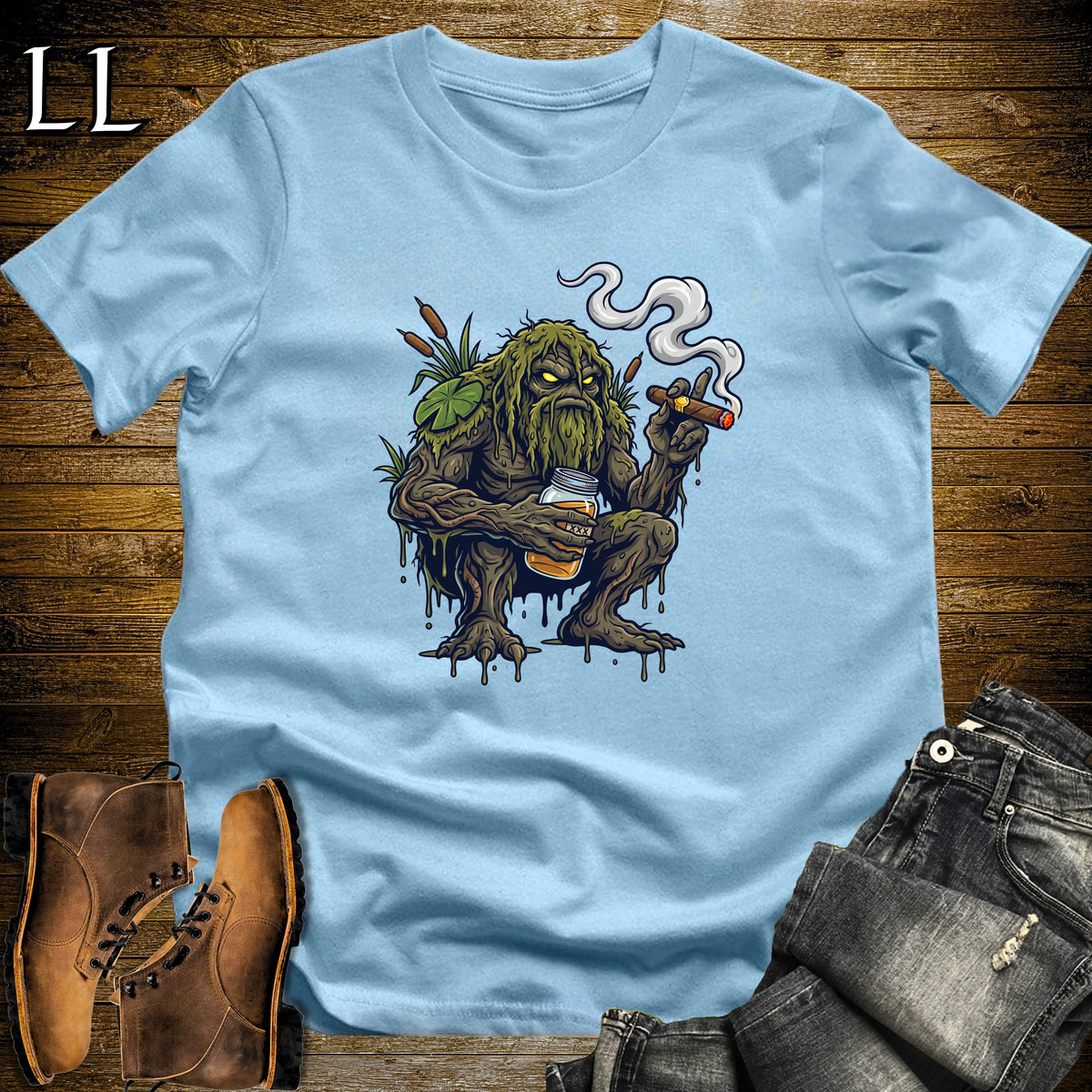 Bog Monster Moonshine Cigar T-Shirt Light Blue | Moonshine Swamp Cigar Tee