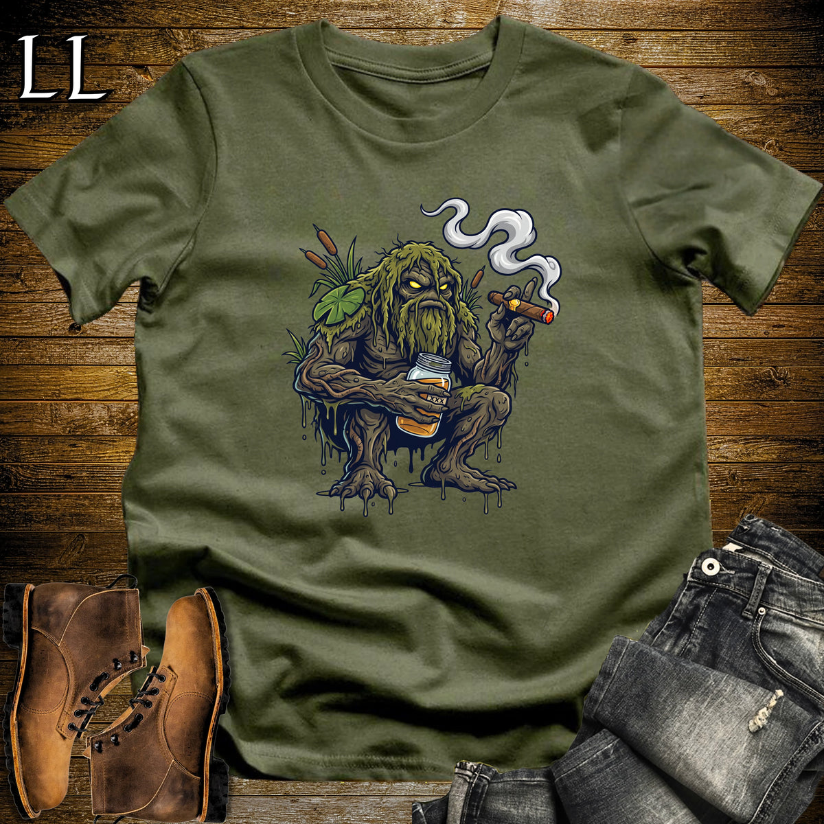 Bog Monster Moonshine Cigar T-Shirt Military Green | Moonshine Swamp Cigar Tee
