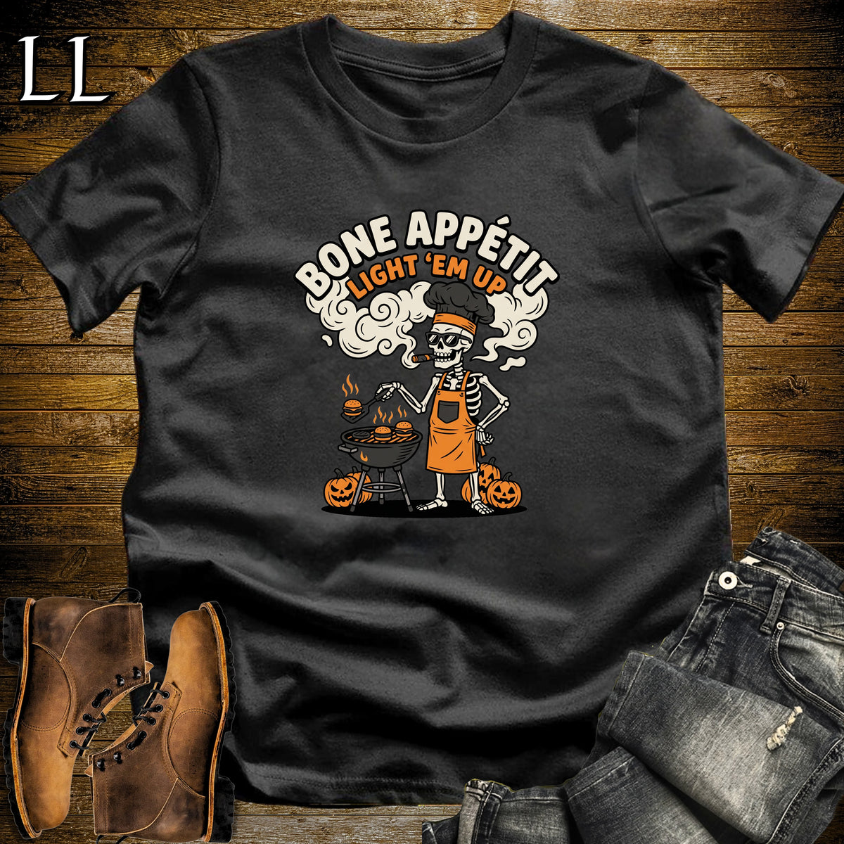 Bone Appetit Skeleton Chef Grill Cigar T-Shirt Black | Skeleton Grill Cigar Shirt