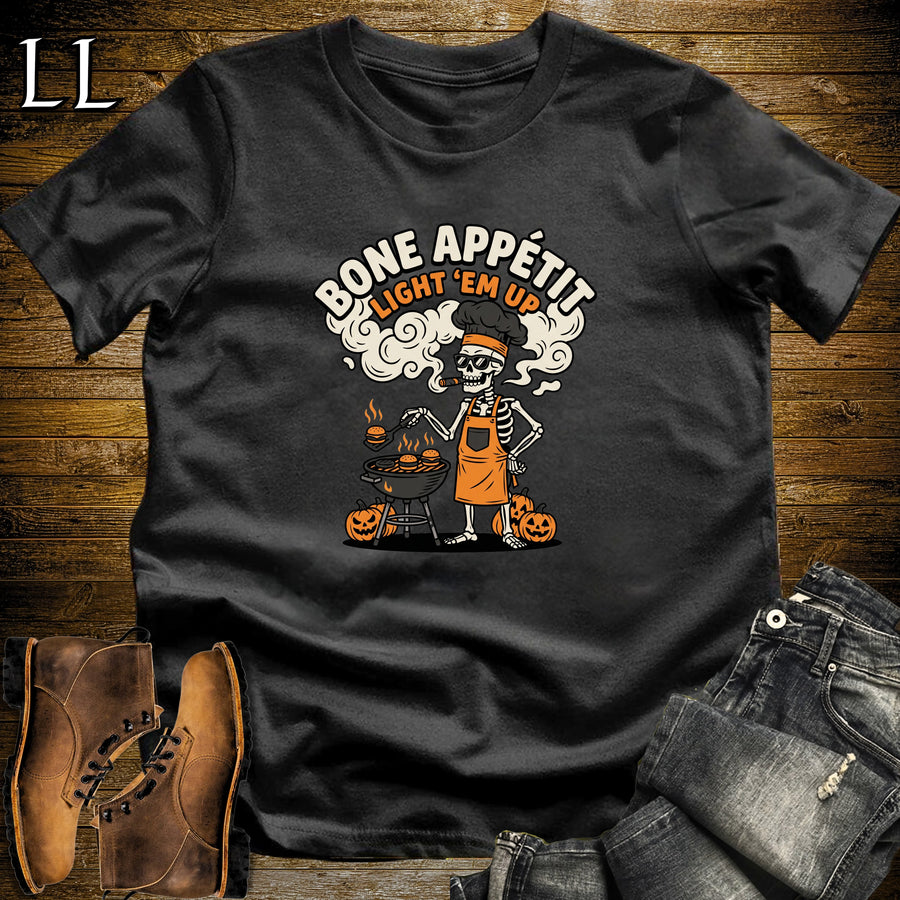 Bone Appetit Skeleton Chef Grill Cigar T-Shirt Black | Skeleton Grill Cigar Shirt