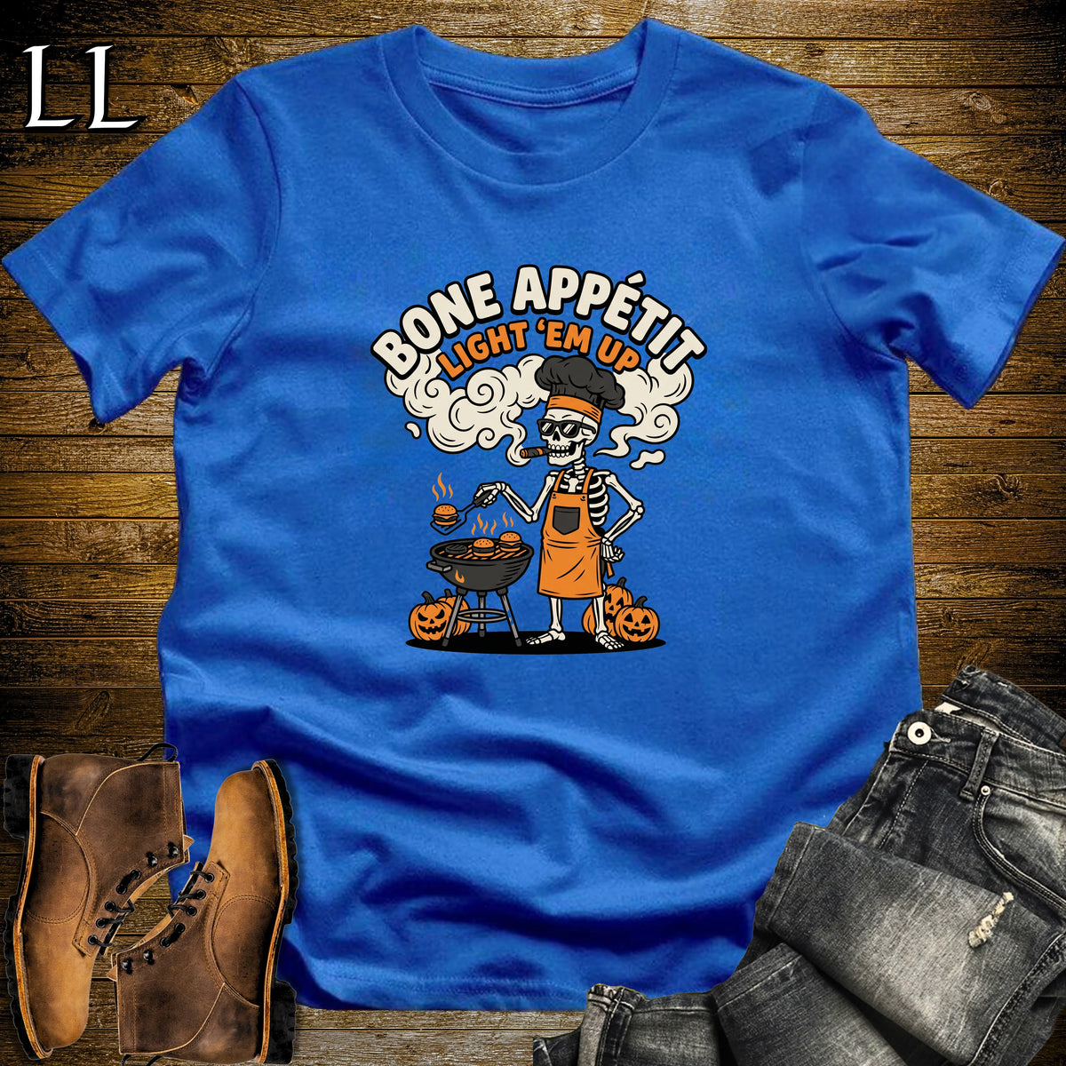 Bone Appetit Skeleton Chef Grill Cigar T-Shirt Royal | Skeleton Grill Cigar Shirt