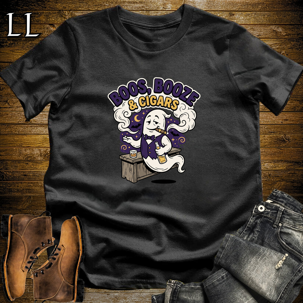 Boos Booze & Cigars Ghost Bartender Whiskey T-Shirt Black | Ghost Whiskey Cigar Tee
