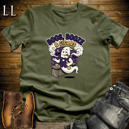 Boos Booze & Cigars Ghost Bartender Whiskey T-Shirt Military Green | Ghost Whiskey Cigar Tee