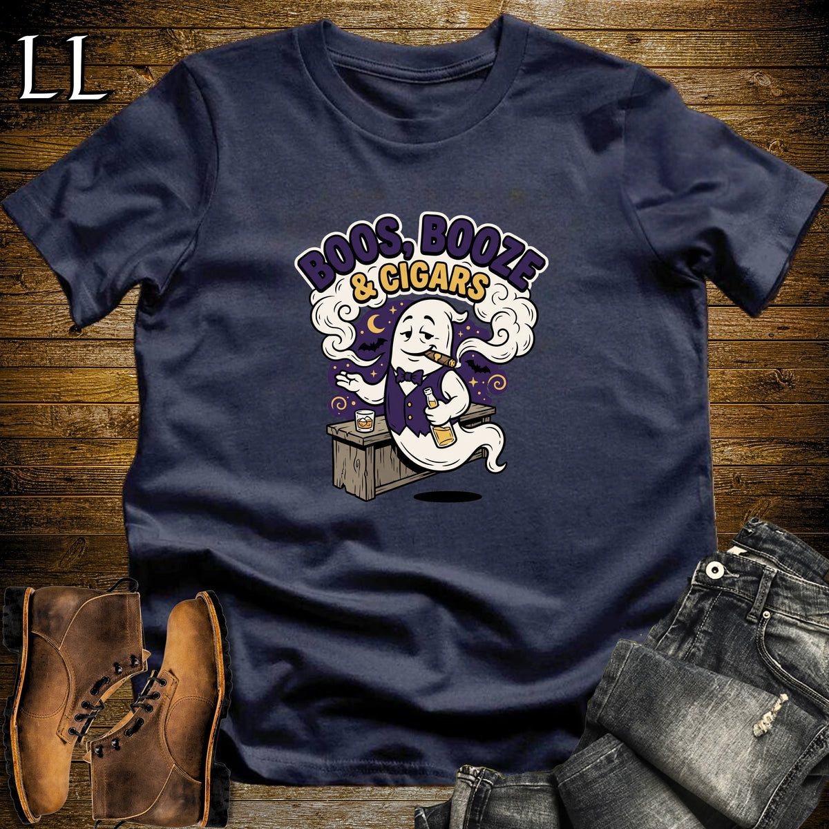 Boos Booze & Cigars Ghost Bartender Whiskey T-Shirt Navy | Ghost Whiskey Cigar Tee