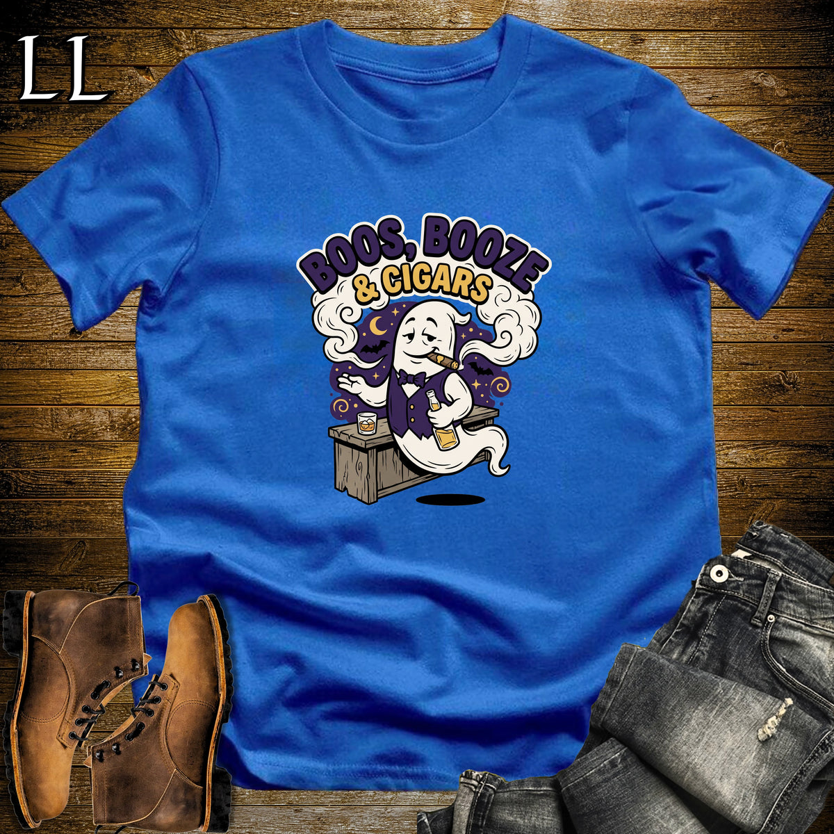 Boos Booze & Cigars Ghost Bartender Whiskey T-Shirt Royal | Ghost Whiskey Cigar Tee