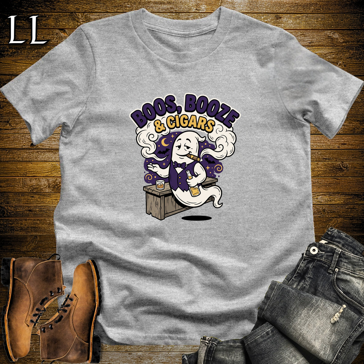 Boos Booze & Cigars Ghost Bartender Whiskey T-Shirt Sport Grey | Ghost Whiskey Cigar Tee