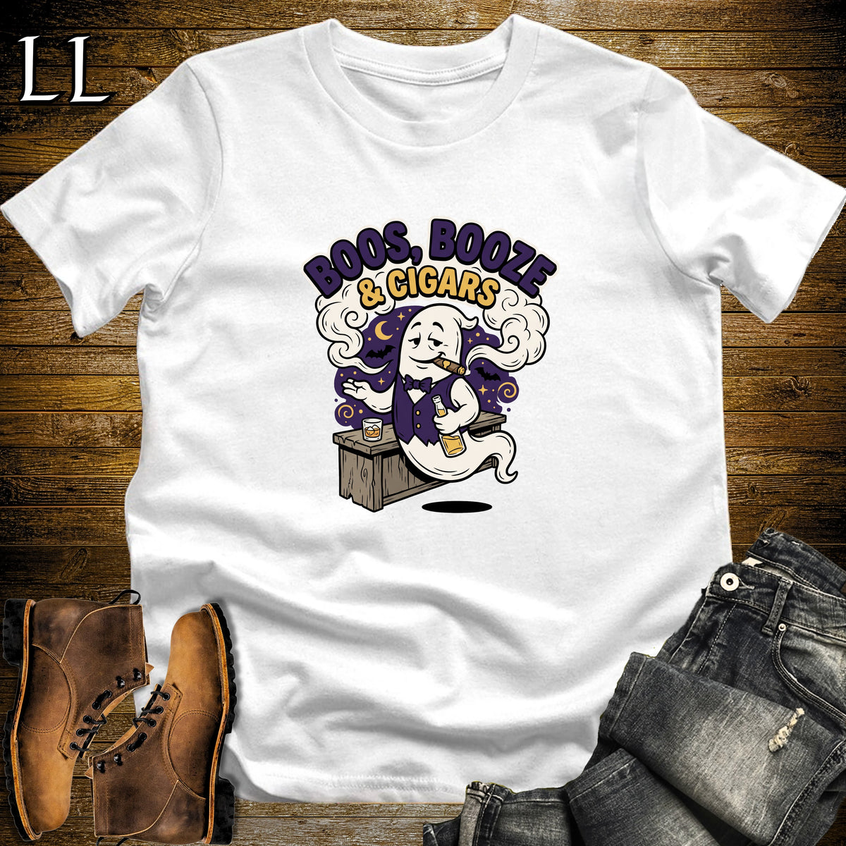 Boos Booze & Cigars Ghost Bartender Whiskey T-Shirt White | Ghost Whiskey Cigar Tee