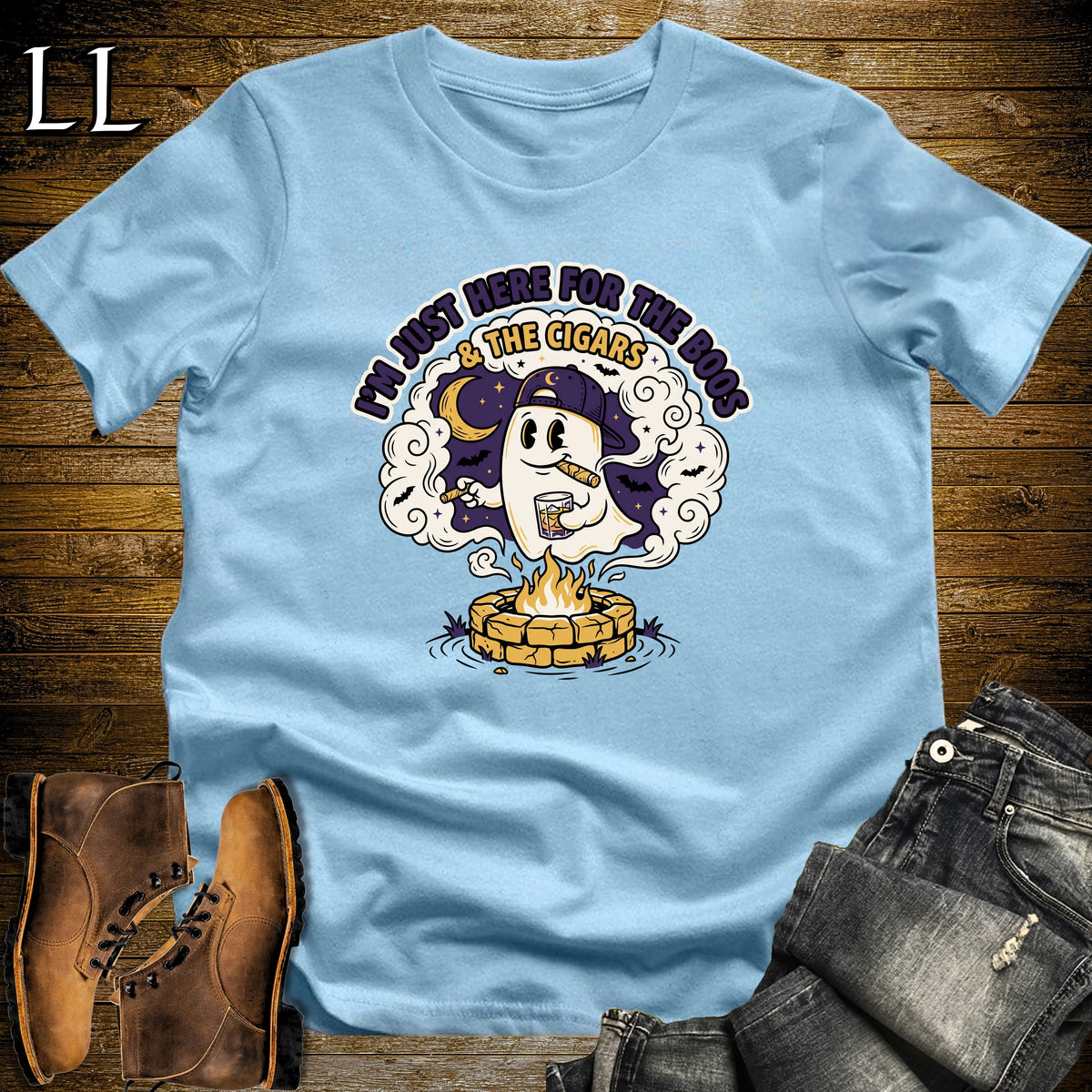 Boos & Cigars Ghost Fire Pit Bourbon Cigar T-Shirt Light Blue | Ghost Bourbon Cigar Shirt